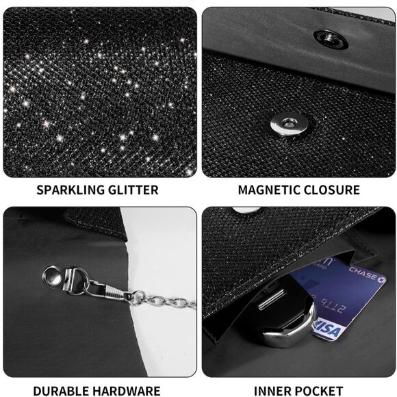 ⚡  Women's Black Evening Sparkling Button Closure Party Wedding Clutch Handbag - Picture 4 of 6